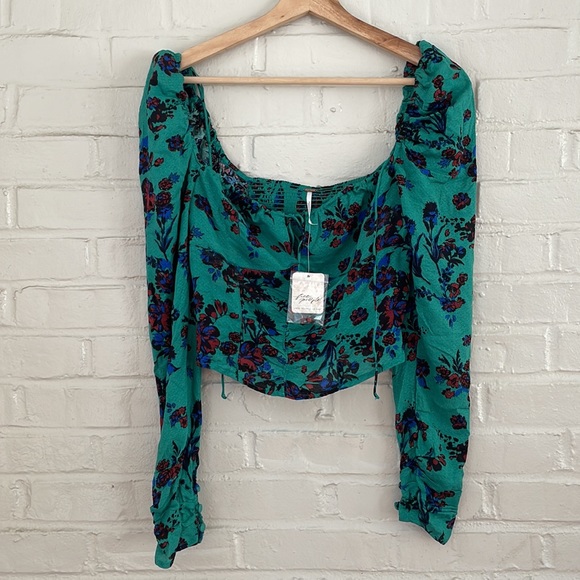 NWT Free People Hilary Print Keyhole Neck Top Green Floral Combo Medium - Picture 3 of 15